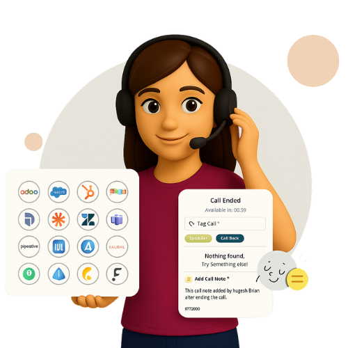 Call center agent showcasing app integrations and call log management.
