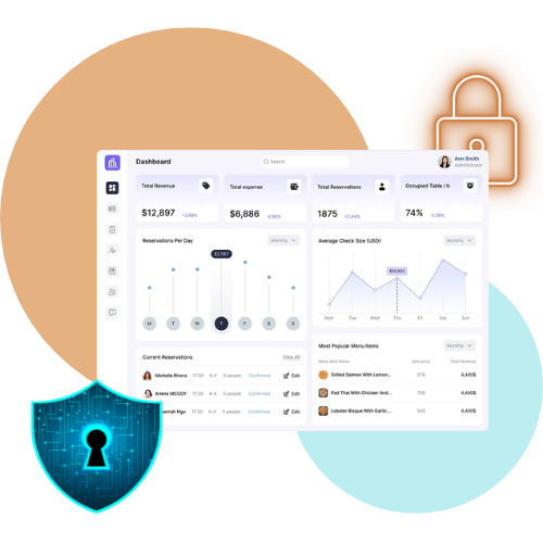 Secure analytics dashboard with revenue, reservations, and data protection.
