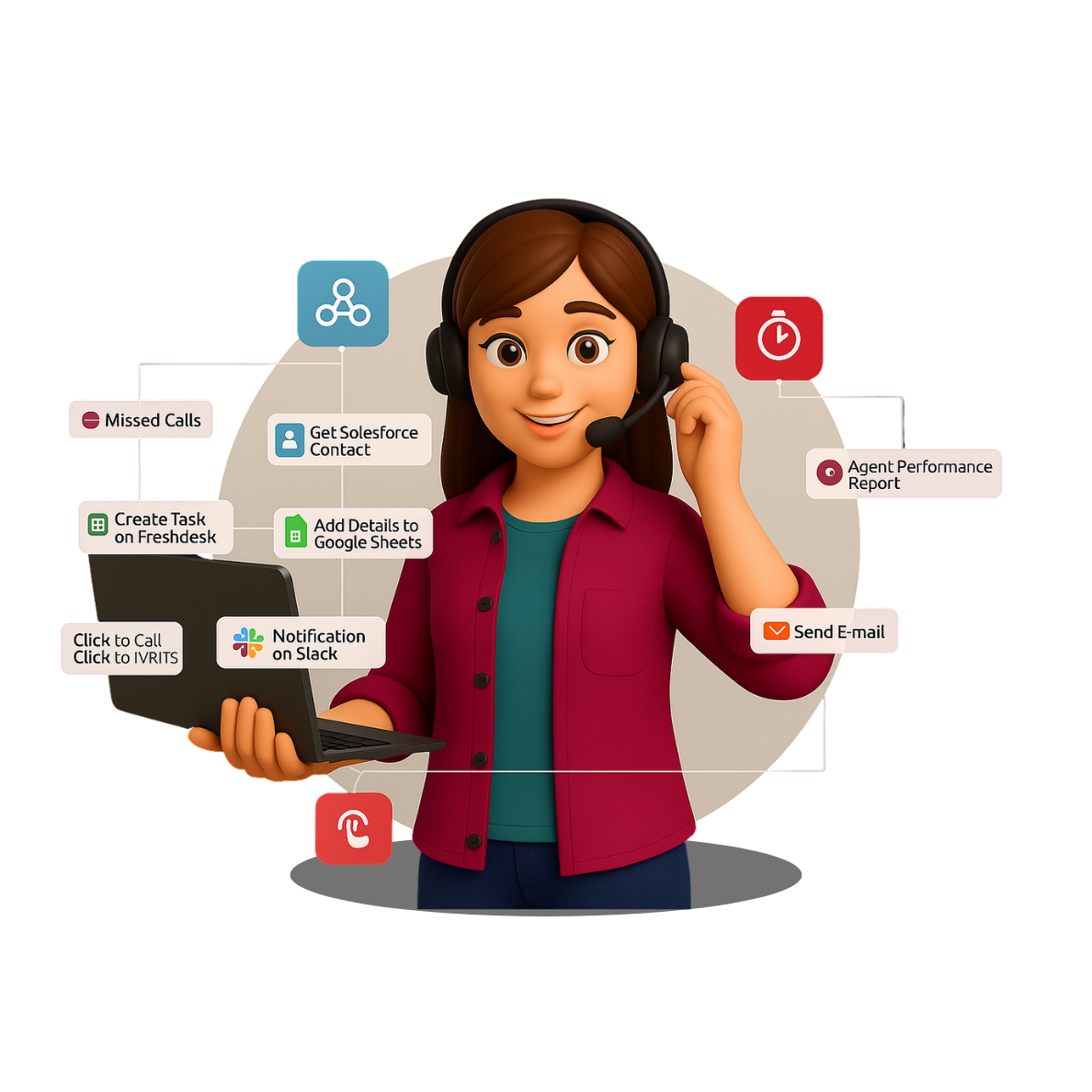 Customer support representative managing calls, emails, and reports with call center CRM integration.
