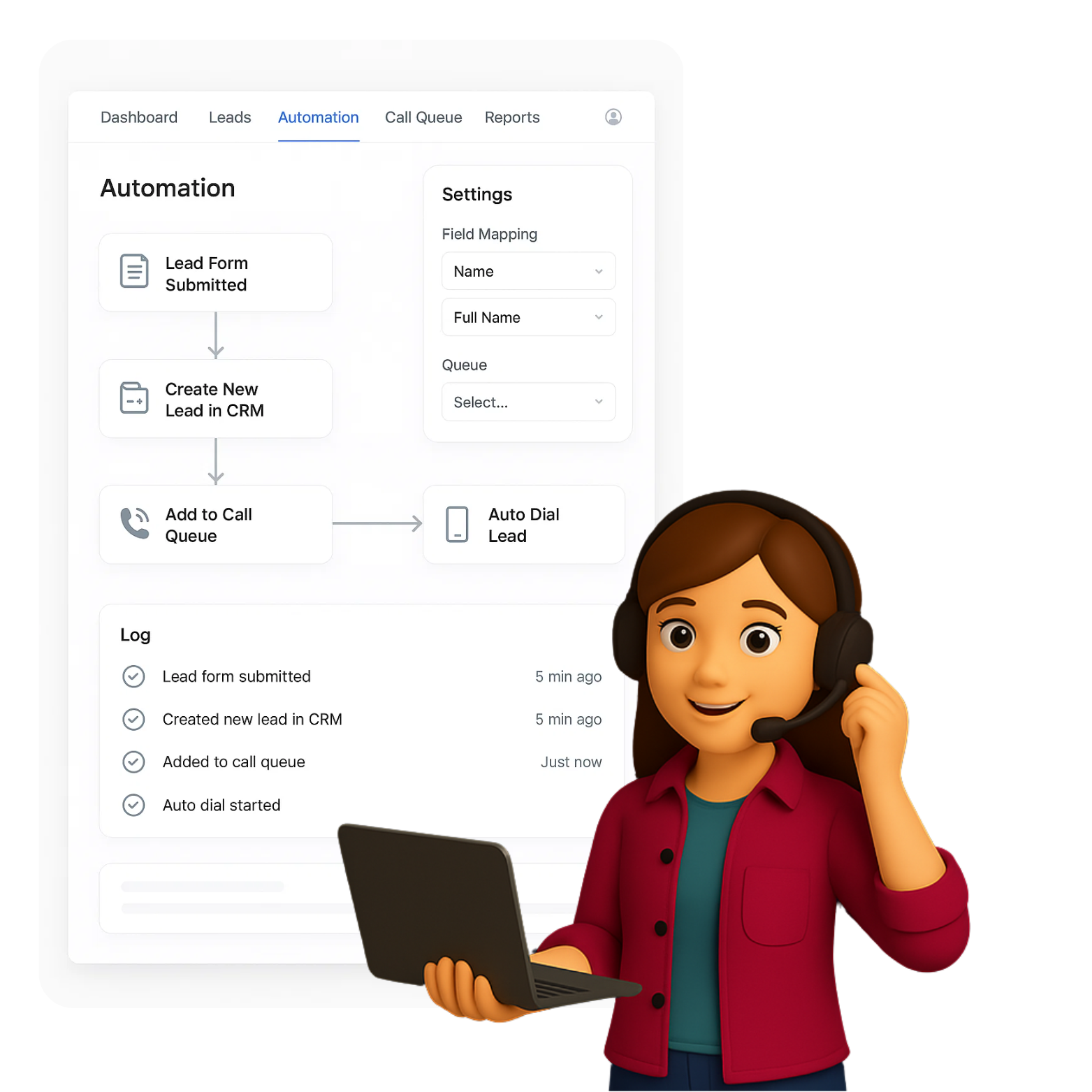 Call center agent using CRM workflow automation to manage leads and auto-dial calls.
